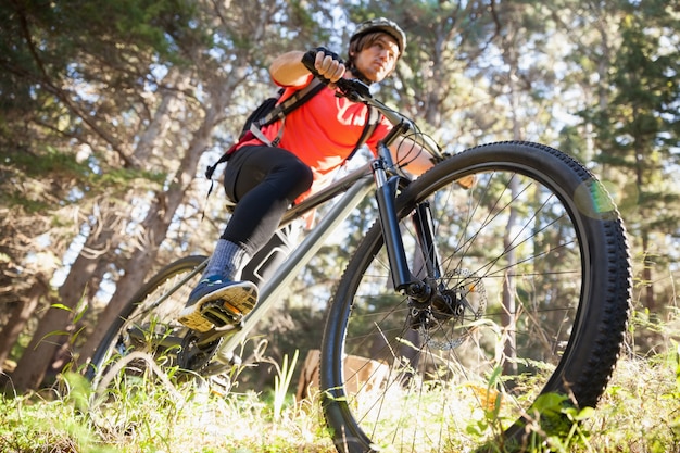 Mannelijke mountainbiker berijdende fiets in het bos