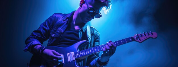 Foto mannelijke muzikant die gitaar speelt op een rockconcert