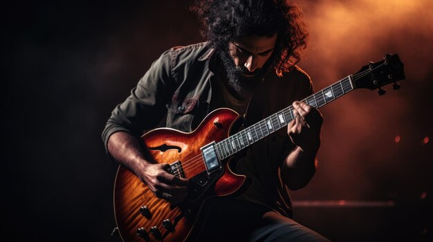 Foto mannelijke muzikant die gitaar speelt op een rockconcert