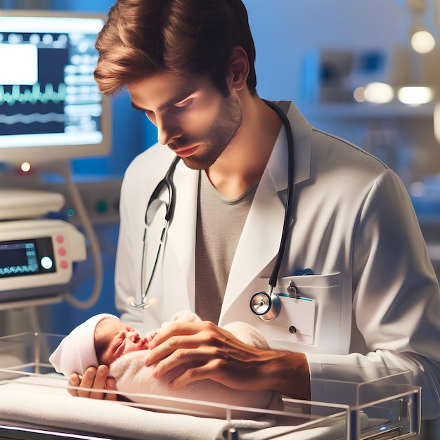 Mannelijke neonatoloog in witte jas met een stethoscoop die zorgvuldig een pasgeboren baby onderzoekt