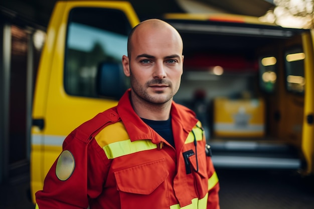 Mannelijke paramedicus die bij de ambulance staat Dokter van de spoedeisende hulp op het werk Generatieve AI