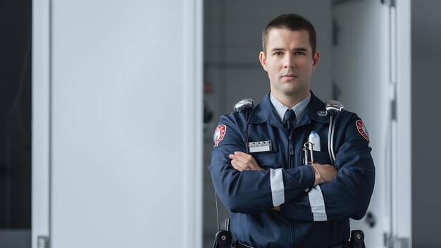 Mannelijke paramedicus met gekruiste armen en kopieerruimte