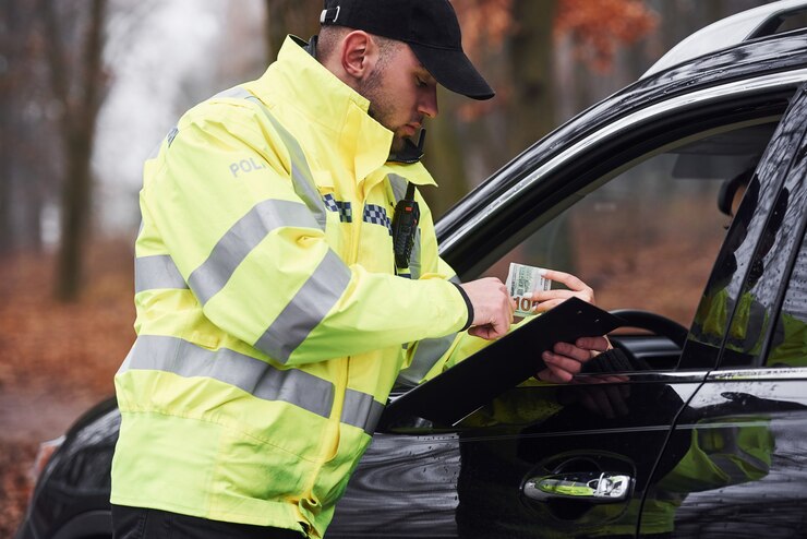 Foto mannelijke politieagent in groen uniform die smeergeld aanneemt van voertuigbestuurder op de weg.
