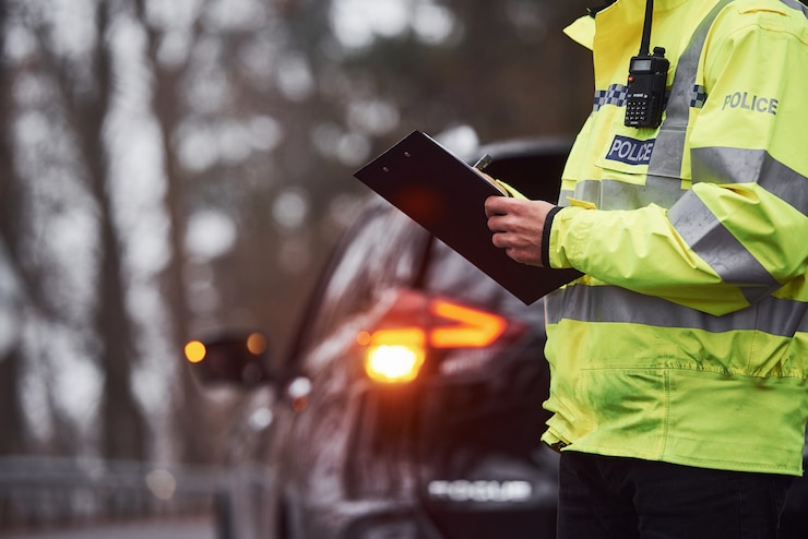 Foto mannelijke politieagent in groen uniform staande met notitieblok in de buurt van auto.