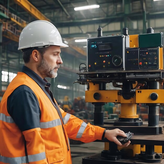 Mannelijke professionele ingenieur uit de Kaukasus onderzoekt de voortgang van de werkstroom en het controleren van het machinesysteem