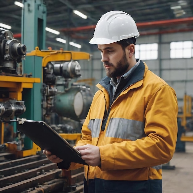 Mannelijke professionele ingenieur uit de Kaukasus onderzoekt de voortgang van het werkstroom en de resultaten van het machineriesysteem