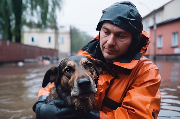 mannelijke redder helpt angstige hond te evacueren in overstroming een verwoestende natuurramp AI gegenereerd