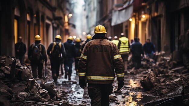 Foto mannelijke redders die betonnen puin verwijderen