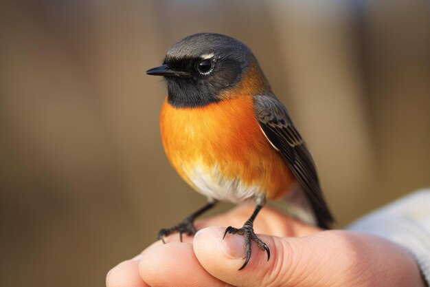 Mannelijke redstart vogel geplaatst op een birders hand