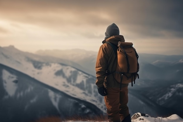 Mannelijke reiziger in warme overall en met wandelrugzak in achteraanzicht van besneeuwde bergen Winterwandeling reizen actief levensstijlconcept Generatieve AI