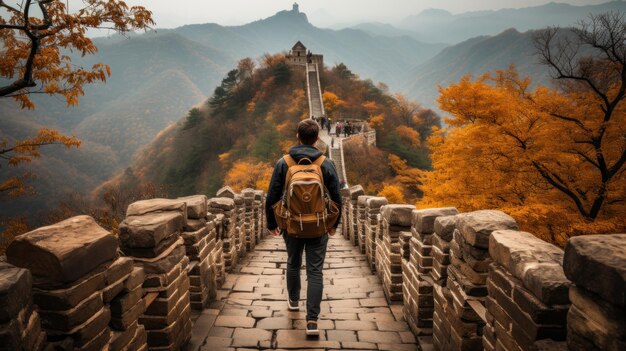 Mannelijke reiziger met rugzak op de Grote Muur in Beijing China tijdens de herfst Generatieve AI