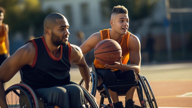 Foto mannelijke rolstoel basketbalspelers in actie op een veld