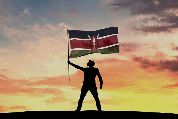 Mannelijke silhouet figuur zwaaien Kenia vlag 3D-Rendering