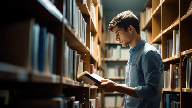 Mannelijke student die het boek leest terwijl hij bij planken in de universiteitsbibliotheek staat