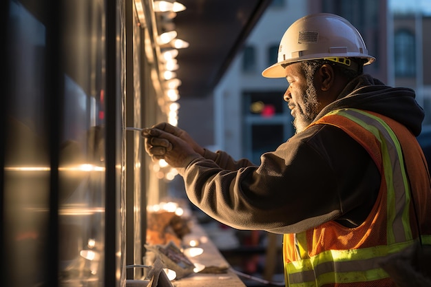 Mannelijke technicus die het raamframe meet bij de bouw