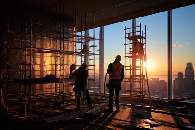 Mannelijke technicus die het raamframe meet bij de bouw