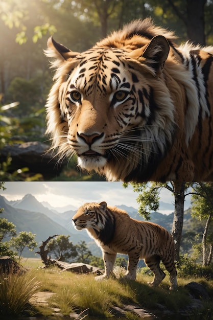 Mannelijke tijger in het natuurlijke leefgebied loopt met zijn hoofd op compositie wildlife scène