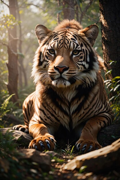 Mannelijke tijger in het natuurlijke leefgebied loopt met zijn hoofd op compositie wildlife scène