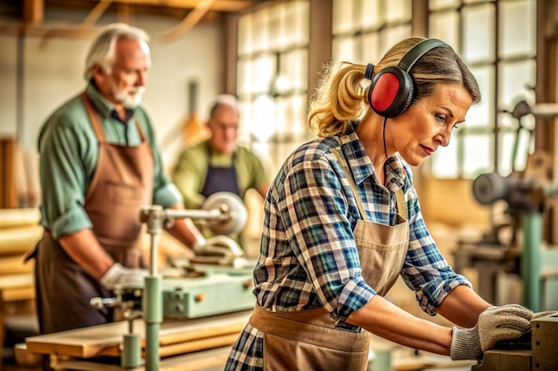 Foto mannelijke timmerman werkende houtmachinewerkplaats