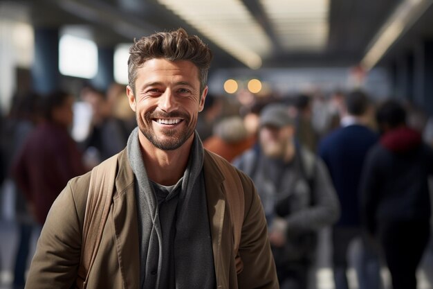 mannelijke toerist permanent en glimlachend op een treinstation vol mensen