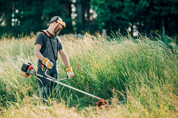 Foto mannelijke tuinman maait het gras met een grasmaaier.