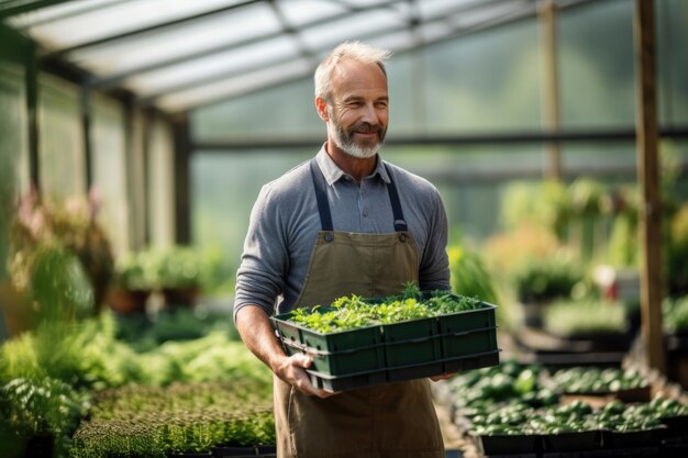 mannelijke tuinman van middelbare leeftijd met een doos die in een kas loopt