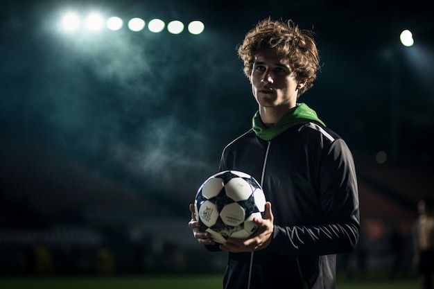 Foto mannelijke voetballer op het voetbalveld bokeh stijl achtergrond.