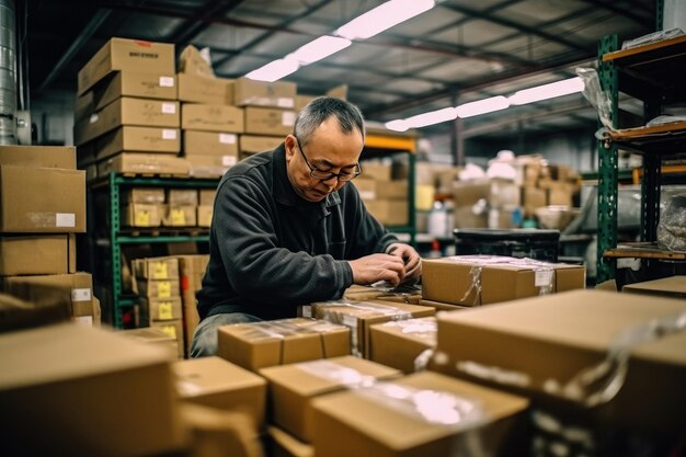 Mannelijke voorraadbeheerder die kartonnen pakketten in een magazijn voorbereidt Logistieke arbeider die voorbereidt