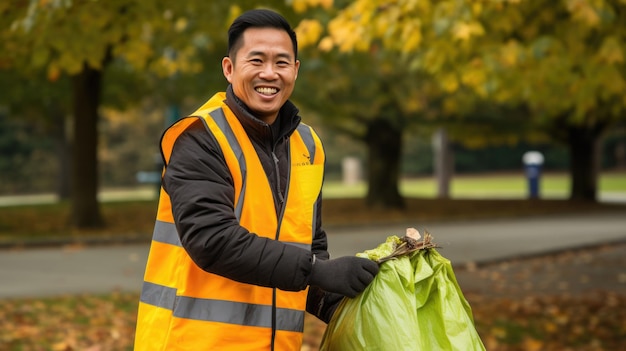 Mannelijke vrijwilliger in speciale kleding houdt zich bezig met het schoonmaken van het stadsgebied van afval