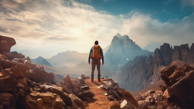 Mannelijke wandelaar die een rotsachtige berg beklimt