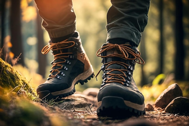 Mannelijke wandelaar wandelen en klimmen in een bos met close-up van wandelschoenen van vooraanzicht bij zonnig weer Generatieve AI