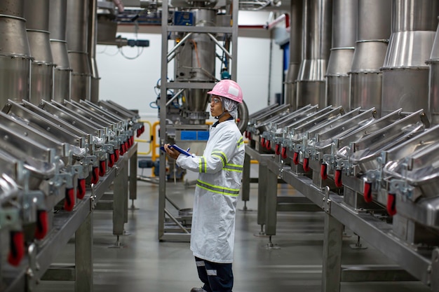 Mannelijke werkinspectie proces poederkelder bij de fabriek met verticale roestvrijstalen tanks