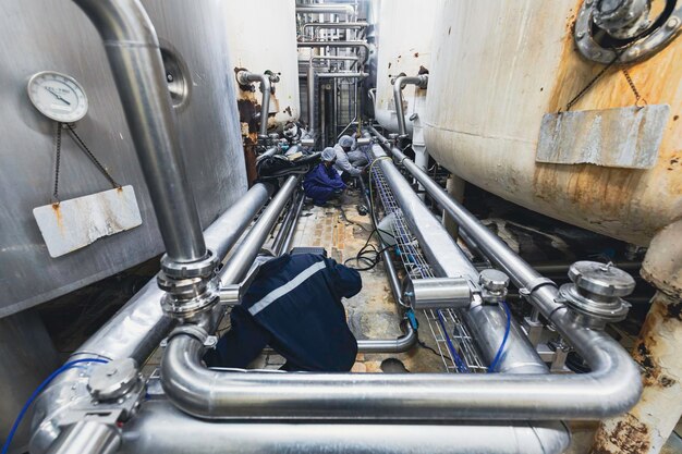 Foto mannelijke werkinspectieproces roestvrijstalen tanks en leiding met drukmeter in uitrusting tankfaciliteit voor melkkelder bij de met verticale roestvrijstalen mengtank