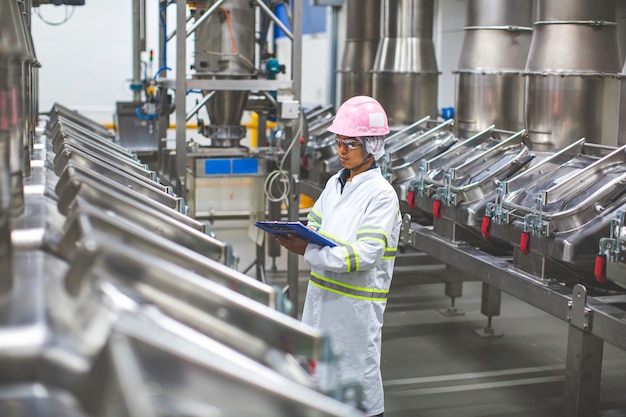 Mannelijke werknemer inspecteert het proces van voedseldrank in de verticale fabriek van roestvrij staal