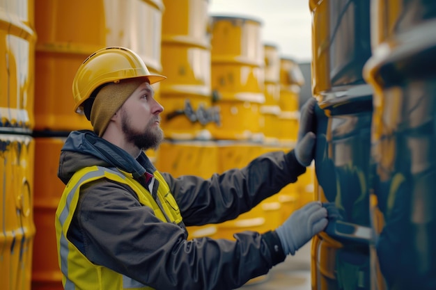 Foto mannelijke werknemer inspecteert olievaten voor transport in de industrie