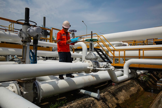 Mannelijke werknemer inspectie bij klep van visuele controle record pijpleiding olie- en gasindustrie