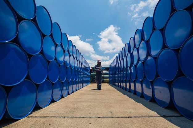 Mannelijke werknemer inspectie record drum olie voorraad vaten blauw horizontaal of chemisch voor in de industrie