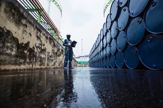 Mannelijke werknemer inspectie record drum olie voorraad vaten blauw horizontaal of chemisch voor in de industrie.