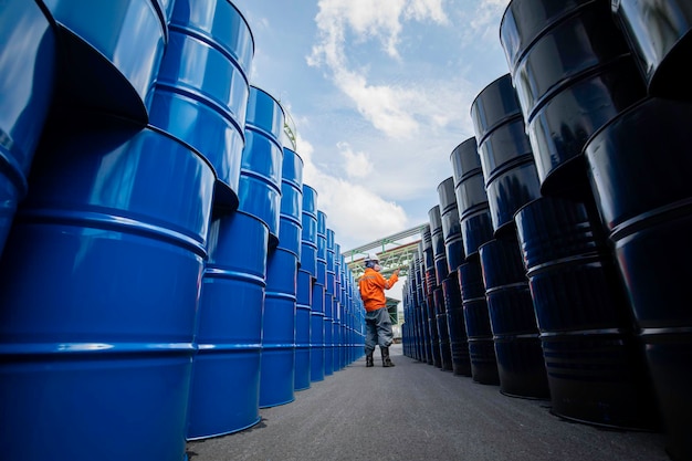 Mannelijke werknemer inspectie record trommel olievoorraad vaten blauw horizontaal of chemisch op een gezichtsmasker