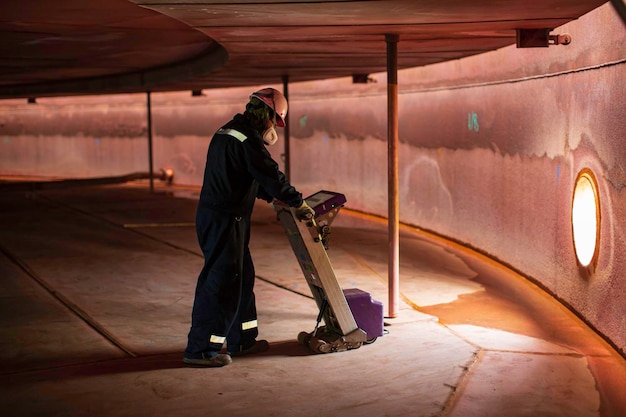 Mannelijke werknemer inspectie vloer scan tank extern drijvend van roest muur verliest dikte bodemplaat in om binnen beperkt te werken