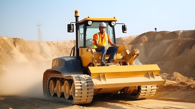 Mannelijke werknemer met bulldozer in een zandkelder