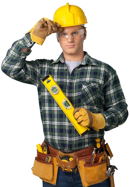 Mannelijke werknemer met gereedschapsriem geïsoleerd op background