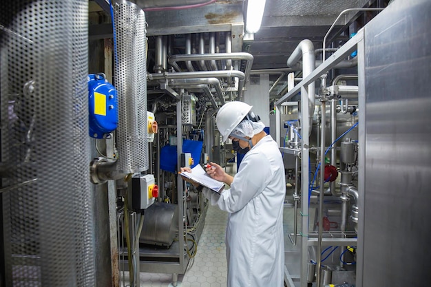 Mannelijke werknemers inspecteren ultrasone roestvrijstalen verticale stalen tanks en leidingen met apparatuurtank chemische kelder