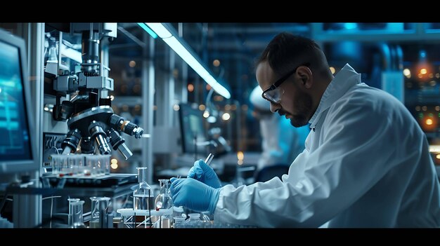 Mannelijke wetenschapper met een beschermende bril en handschoenen werkt in een modern laboratorium