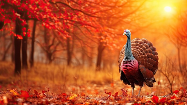 Mannelijke wilde kalkoen die zonsondergang in het wild paradeert