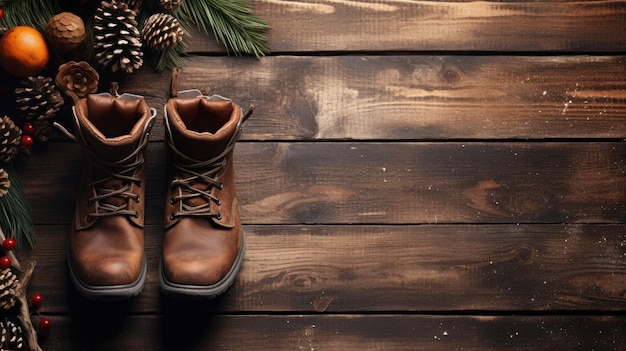 Mannelijke winterstijl op een bruine houten achtergrond Winter bruine schoenen grijze trui