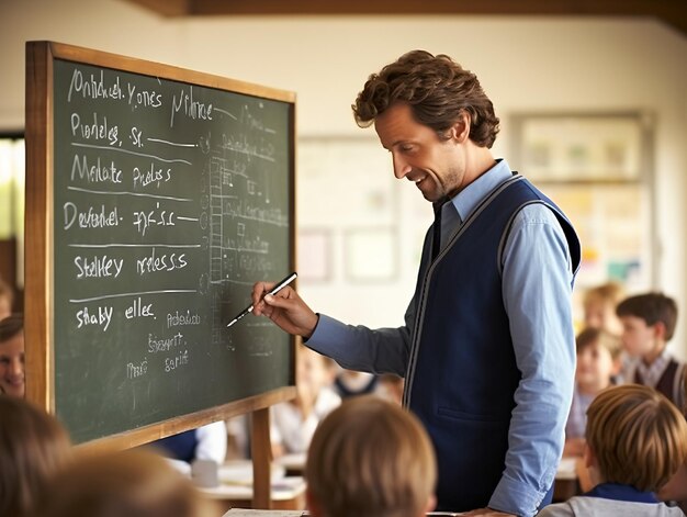 Mannelijke wiskundeleraar die les geeft in de klas