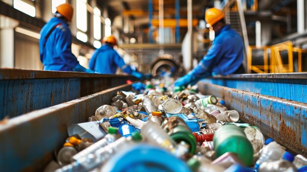 Mannen bij een met flessen gevulde transportband bij een vuilnisverwerkingsfabriek