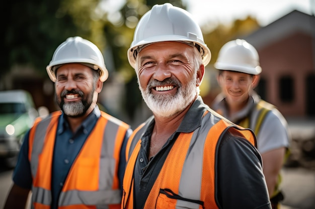 Mannen bouwers in reflecterende vesten en helmen poseren voor foto glimlachend tijdens werkpauze