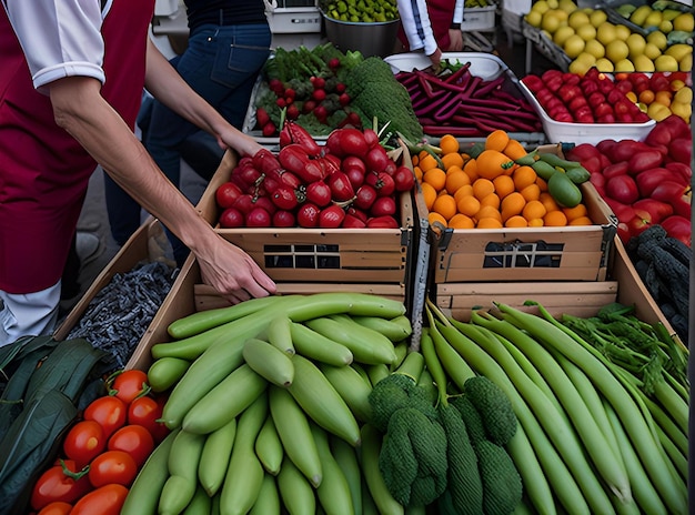 Mannen die een biologische groentenkraam bedienen op een boerenmarkt en verse groenten verkopen